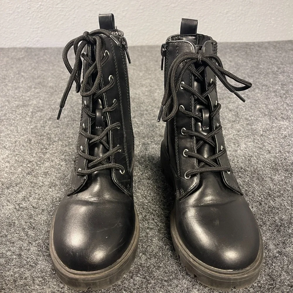 DKNY Girls Combat Boots Youth 2 Black Lace Up Zipper Rhinestone Lug Sole